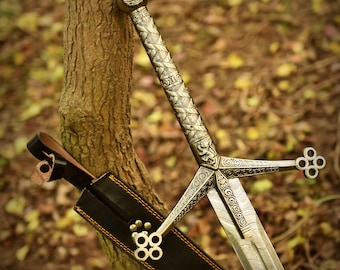 Scottish Claymore Sword, Damascus Sword, Medieval Sword, Hand Forged Sword, Long Sword, Viking Sword, Sword with Leather Sheath,Gift for Him