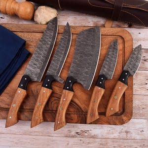 Chef Set, Damascus Knife Set, Chef Knife, Handmade Knives, Kitchen Knives, Damascus Cooking Knife, BBQ Knife Set, Wedding Gift, Gift for Her