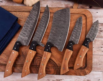 Chef Set, Damascus Knife Set, Chef Knife, Handmade Knives, Kitchen Knives, Damascus Cooking Knife, BBQ Knife Set, Wedding Gift, Gift for Her