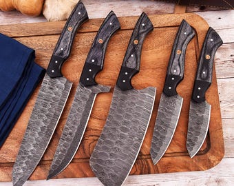 Chef Knives 5 Pcs, Damascus Knife Set, Personalised Chef Set, Kitchen Knives with Leather Roll, Damascus Cooking Knife, Anniversary Gift