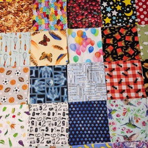 May include: A patchwork of fabric squares with various patterns. Designs include cherries, balloons, butterflies, sports balls, numbers, stars, and food items like nuts and bananas. The fabrics are in a variety of colors, including red, yellow, blue, and green.