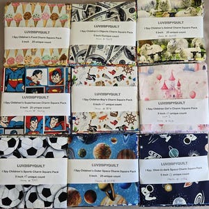 I Spy 5 inch Fabric Squares: Choose from 11 Themed Charm Packs