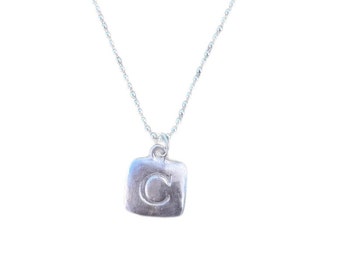 Sterling Silver Square Hand-Stamped Initial Pendant Letter Charm C with Sterling Silver Ball Chain