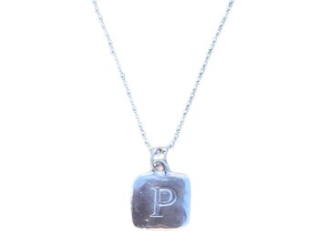 Sterling Silver Square Hand-Stamped Initial Pendant Letter Charm P with Sterling Silver Ball Chain