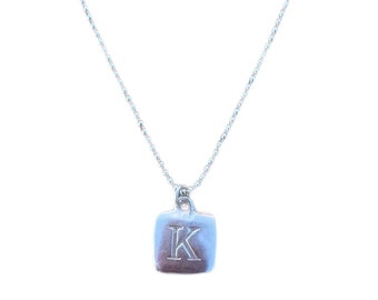 Sterling Silver Square Hand-Stamped Initial Pendant Letter Charm K with Sterling Silver Ball Chain