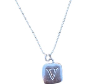 Sterling Silver Square Hand-Stamped Initial Pendant Letter Charm V with Sterling Silver Ball Chain