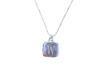 Sterling Silver Square Hand-Stamped Initial Pendant Letter Charm W with Sterling Silver Ball Chain