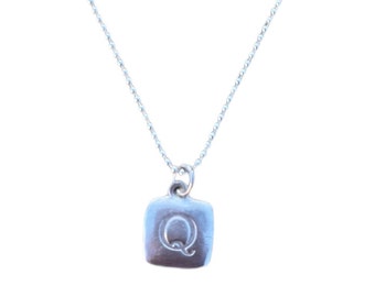 Sterling Silver Square Hand-Stamped Initial Pendant Letter Charm Q with Sterling Silver Ball Chain