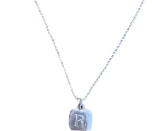 Sterling Silver Square Hand-Stamped Initial Pendant Letter Charm R with Sterling Silver Ball Chain