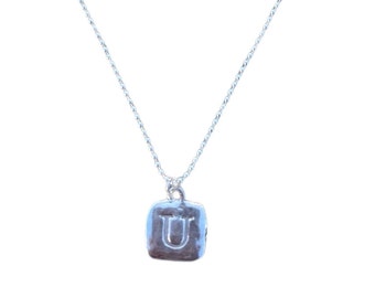 Sterling Silver Square Hand-Stamped Initial Pendant Letter Charm U with Sterling Silver Ball Chain