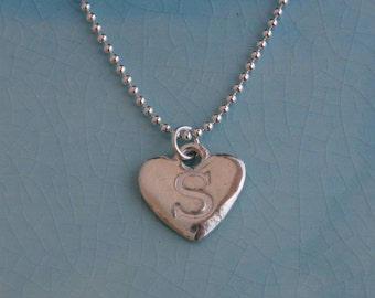 Sterling Silver Heart Hand-stamped Initial Pendant Letter Charm Necklace