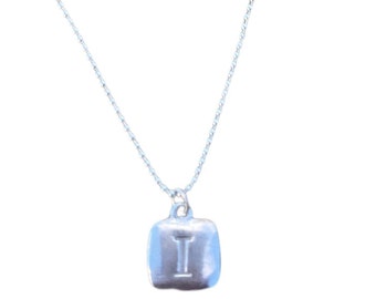 Sterling Silver Square Hand-Stamped Initial Pendant Letter Charm I with Sterling Silver Ball Chain