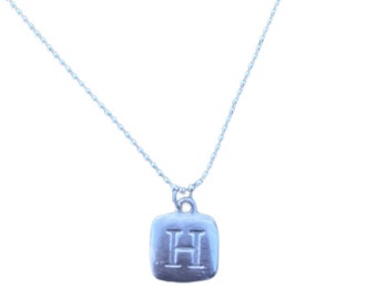 Sterling Silver Square Hand-Stamped Initial Pendant Letter Charm H with Sterling Silver Ball Chain
