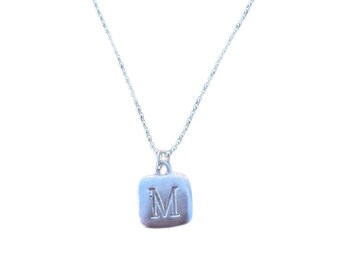 Sterling Silver Square Hand-Stamped Initial Pendant Letter Charm M with Sterling Silver Ball Chain