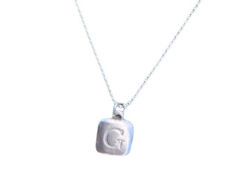 Sterling Silver Square Hand-Stamped Initial Pendant Letter Charm G with Sterling Silver Ball Chain