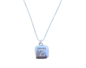 Sterling Silver Square Hand-Stamped Initial Pendant Letter Charm Z with Sterling Silver Ball Chain