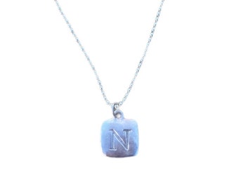 Sterling Silver Square Hand-Stamped Initial Pendant Letter Charm N with Sterling Silver Ball Chain