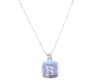 Sterling Silver Square Hand-Stamped Initial Pendant Letter Charm B with Sterling Silver Ball Chain