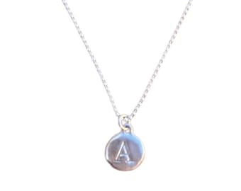 Sterling Silver Round Hand-Stamped Initial Pendant Letter Charm A with Sterling Silver Ball Chain