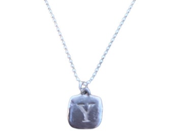 Sterling Silver Square Hand-Stamped Initial Pendant Letter Charm Y with Sterling Silver Ball Chain