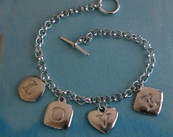 Sterling Silver Letter Charm Bracelet with Hand-Stamped Sterling Silver Initial Pendants