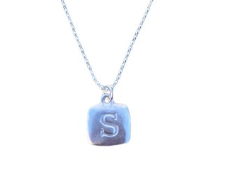 Sterling Silver Square Hand-Stamped Initial Pendant Letter Charm S with Sterling Silver Ball Chain