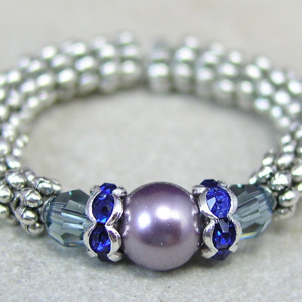 Ring, Pearl and Crystal Elastic Band, Blue and Sapphire