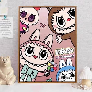 Zestaw do malowania olejem Labubu DIY - Cartoon Bubble Mart Malowana ręcznie sztuka dla dorosłych i dzieci | Kompletny zestaw do malowania olejem DIY | Prezent artystyczny