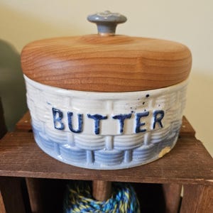 Antique Stoneware Butter Bowl with Wood Lid