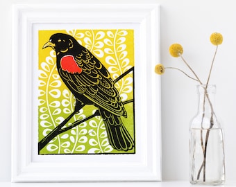 Blackbird Linocut | Red-Winged Blackbird