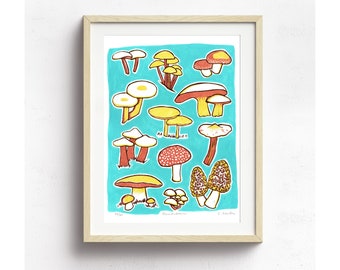 Mushroom linocut print