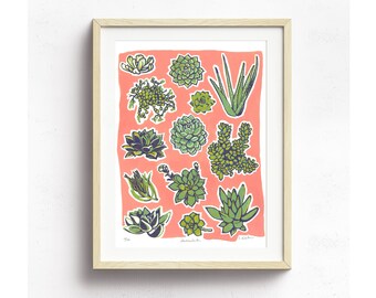 Succulent linocut print - Hand-Painted