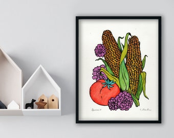 Harvest Linocut Print | Garden Print | Vegetables Print