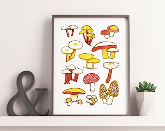 Mushroom, Wild Mushroom Linocut Print, Mushroom Print, Kitchen Print, Botanical Print, Morel Mushroom Print