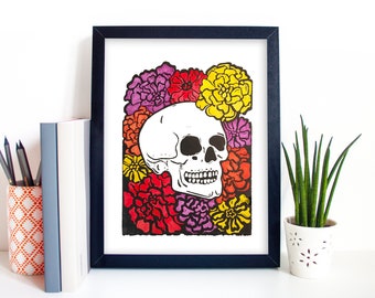 Skull Linocut Print | Calavera Print | Dia de los Muertos Linocut