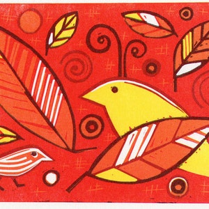 Original Reduction Linocut Print &quot;Flock Together 1&quot;