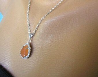 Orange Opal Pendant. Crystal Teardrop Pendant. Rhinestone. Crystal Bridal Set. Wedding Jewelry. Bridesmaid Gift. Sterling Silver. Necklace