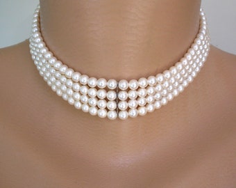 LOTUS Pearls, Lotus Pearl Choker, Bridal Pearls, Lotus Royale, Vintage Pearl Choker, 4 Strand Choker Necklace, Vintage Pearls, Ivory Pearls