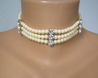 Vintage 3 Strand Pearls, Faux Pearl And Diamond Choker, Lightweight Pearls, Cream Pearls, Prom Jewelry, Party Jewellery, Costume Jewellery