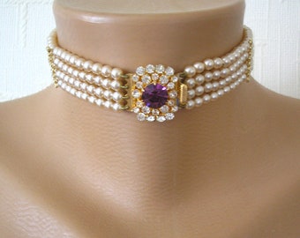 Vintage Pearl Choker With Amethyst Rhinestone Clasp, Pearl Bridal Choker, Indian Bridal Choker, Bridal Jewelry, Deco Wedding, Princess Diana