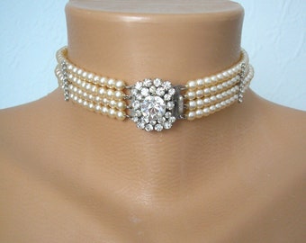 Vintage Pearl Choker, Diamond Pearl Choker, Pearl Bridal Choker, Indian Bridal Choker, Bridal Jewelry, Gatsby Wedding, Princess Diana