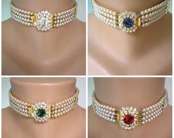 Vintage Pearl Choker With Rhinestone Clasp, Indian Bridal Choker, Pearl Choker, Bridal Jewelry, Gatsby, Sapphire, Emerald, Diamond, Art Deco