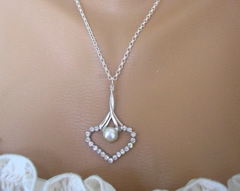 Silver Heart Pendant, Minimalist Jewelry, Crystal Heart Necklace, Wedding Jewelry, Pearl Bridal Necklace, Upcycled Jewelry, Pearl Pendant
