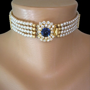 Princess Diana Choker, Vintage 1980s Pearl Choker With Sapphire Rhinestone, Pearl Bridal Choker, Indian Bridal Choker, Prom Night