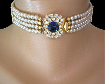 Princess Diana Choker, Vintage 1980s Pearl Choker With Sapphire Rhinestone, Pearl Bridal Choker, Indian Bridal Choker, Prom Night