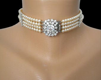 1980s Pearl Choker, Faux Diamond Rhinestone Bridal Jewelry