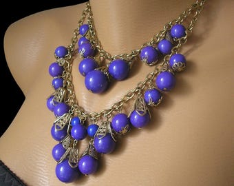 Vintage Purple Beaded Necklace, Gold Tone Filigree, Layered Design