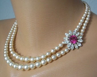 2 Strand POMPADOUR Pearls, Pearls With Pink Crystal Clasp, Vintage Pearls, Graduated Pearls, Cream Pearl Choker, Double Strand Pearls