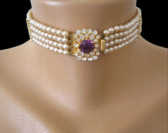 Vintage Pearl Choker, Amethyst Rhinestone Clasp, Art Deco Bridal Necklace
