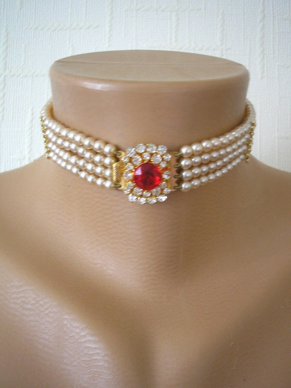Vintage Pearl Choker, Ruby Pearl Choker, Pearl Bri